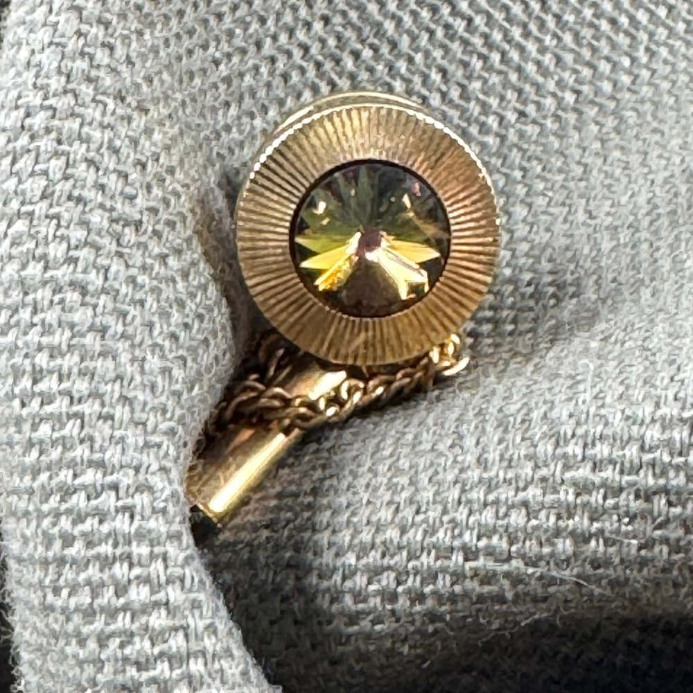 VTG Gold Tone Tie Tack Smokey Topaz Crystal Sunburst Dad Father Grandpa Dapper